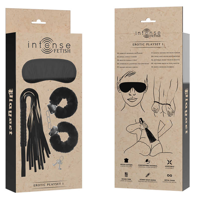Alternative view of INTENSE - FETISH EROTIC PLAYSET 1 WITH HANDCUFFS, BLIND MASK AND FLOGGER