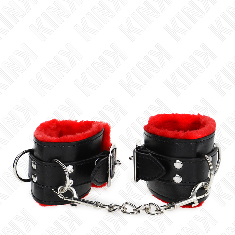 Alternative view of KINK - FUR LINED WRIST RESTRAINTS WITH SQUARE HOLES RED AND BLACK BELT ADJUSTABLE 17-29 CM X 6 CM
