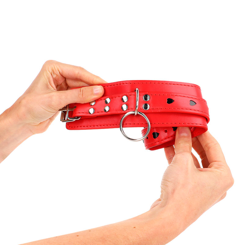 Alternative view of KINK - RED WRIST RESTRAINTS WITH BLACK HEART INLAY ADJUSTABLE 21-28 CM X 5.5 CM