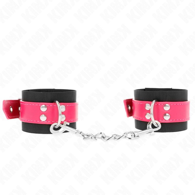 Alternative view of KINK - NYLON WRIST RESTRAINTS BLACK WITH LEATHERETTE BELT RASPBERRY ROSE ADJUSTABLE 19-29 CM X 5.1 CM