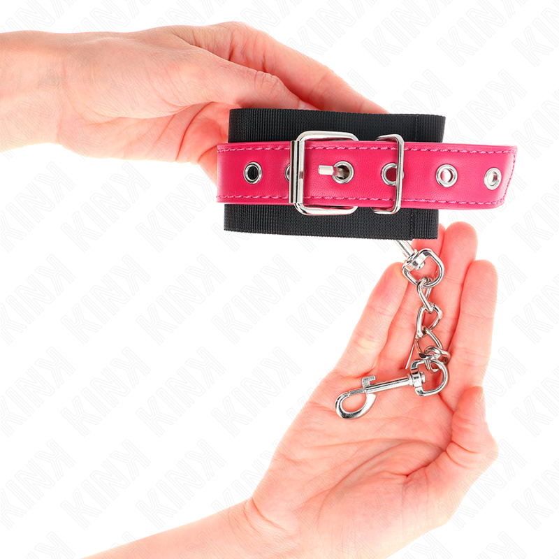 KINK - NYLON WRIST RESTRAINTS BLACK WITH LEATHERETTE BELT RASPBERRY ROSE ADJUSTABLE 19-29 CM X 5.1 CM - Bild 4