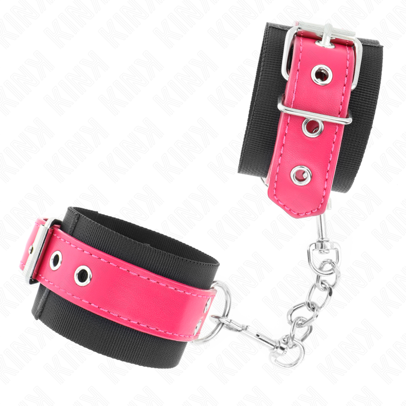 KINK - NYLON WRIST RESTRAINTS BLACK WITH LEATHERETTE BELT RASPBERRY ROSE ADJUSTABLE 19-29 CM X 5.1 CM - Bild 3