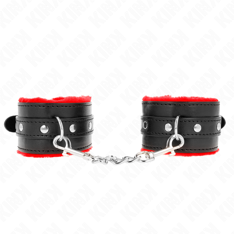 Alternative view of KINK - PREMIUM FUR LINED WRIST RESTRAINTS RED WITH BLACK BELT ADJUSTABLE 17-29 CM X 6 CM