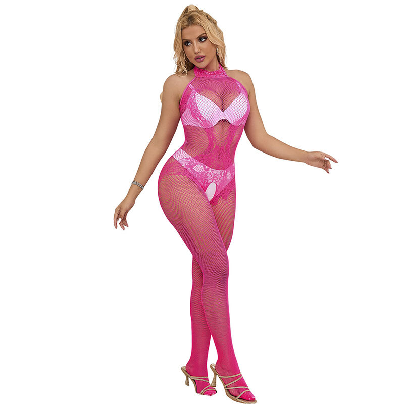SUBBLIME - 952389 FISHNET AND LACE CROTCHLESS BODYSTOCKING WITH HIGH NECK PINK ONE SIZE - Bild 11