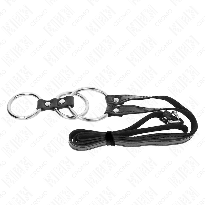 Alternative view of KINK - TRIPLE METAL PENIS RING 3.8 CM TO 5 CM WITH LEATHER BELT 112 CM