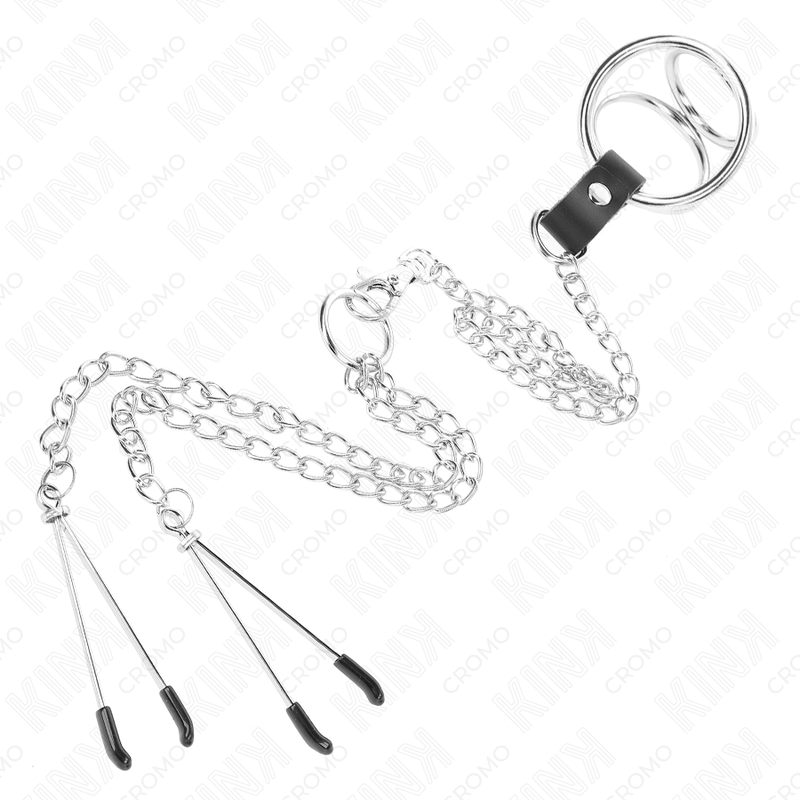 KINK - TRIPLE CHROME METAL PENIS RING 3 CM TO 4.5 CM WITH 26 CM METAL CHAIN AND NIPPLE CLIPS - Bild 3