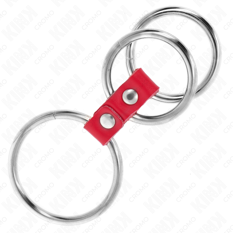 Alternative view of KINK - TRIPLE METAL PENIS RING 3.7 CM TO 5 CM CONNECTED WITH RED LEATHER