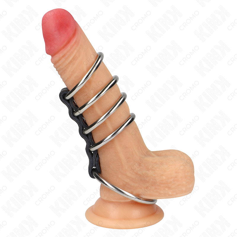 KINK - 5 PENIS RINGS 3.7 CM TO 5 CM METAL CONNECTED BY LEATHER - Bild 3