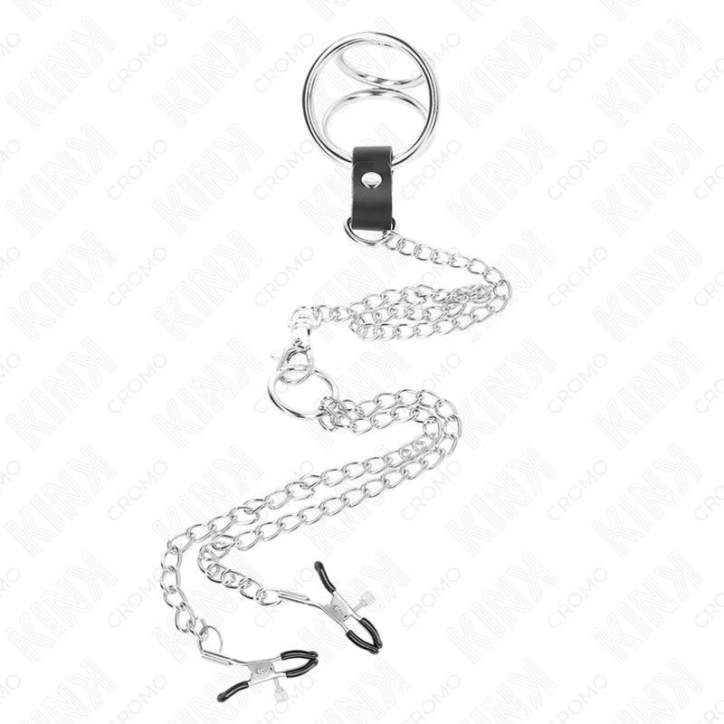 Alternative view of KINK - TRIPLE CHROME METAL PENIS RING 3.8 CM TO 5 CM WITH 26 CM METAL CHAIN AND NIPPLE CLAMPS MODEL 1
