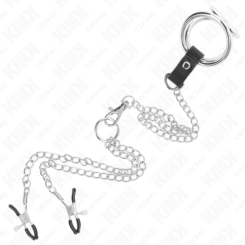 KINK - TRIPLE CHROME METAL PENIS RING 3 CM TO 4.5 CM WITH 26 CM METAL CHAIN AND NIPPLE CLIPS - Bild 4