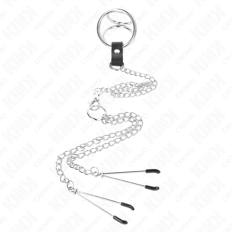 Alternative view of KINK - TRIPLE CHROME METAL PENIS RING 3.8 CM TO 5 CM WITH 26 CM METAL CHAIN AND NIPPLE CLAMPS MODEL 2