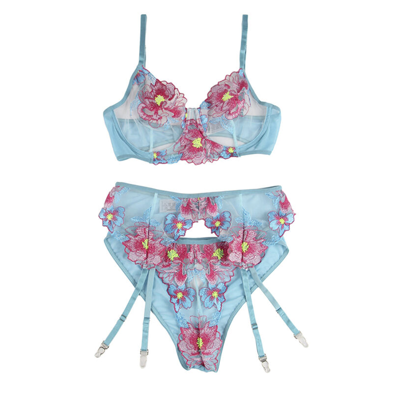 Alternative view of SUBBLIME - 954116 BRA + PANTIES WITH GARTER BELT FLORAL DESIGN BLUE L/XL