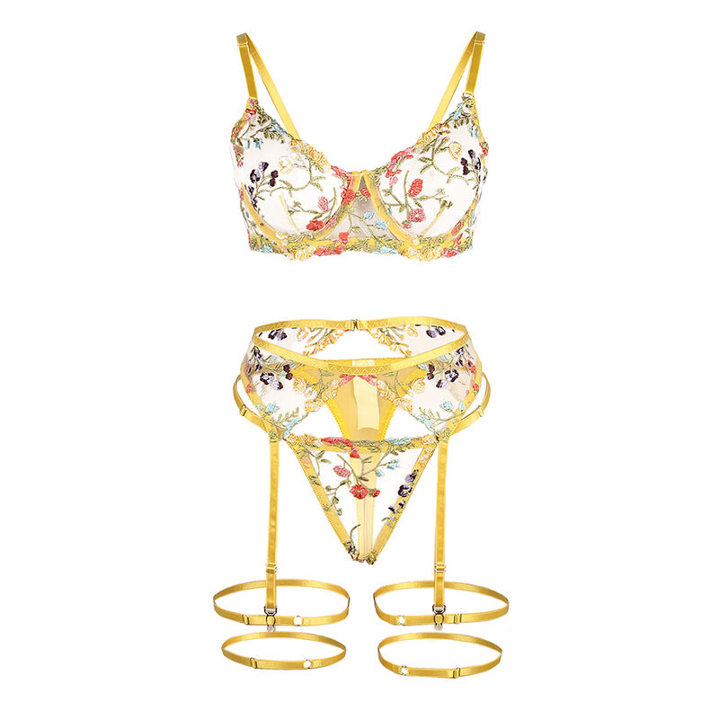 Alternative view of SUBBLIME - 954345 BRA + THONG + GARTER BELT FLORAL DESIGN YELLOW S/M