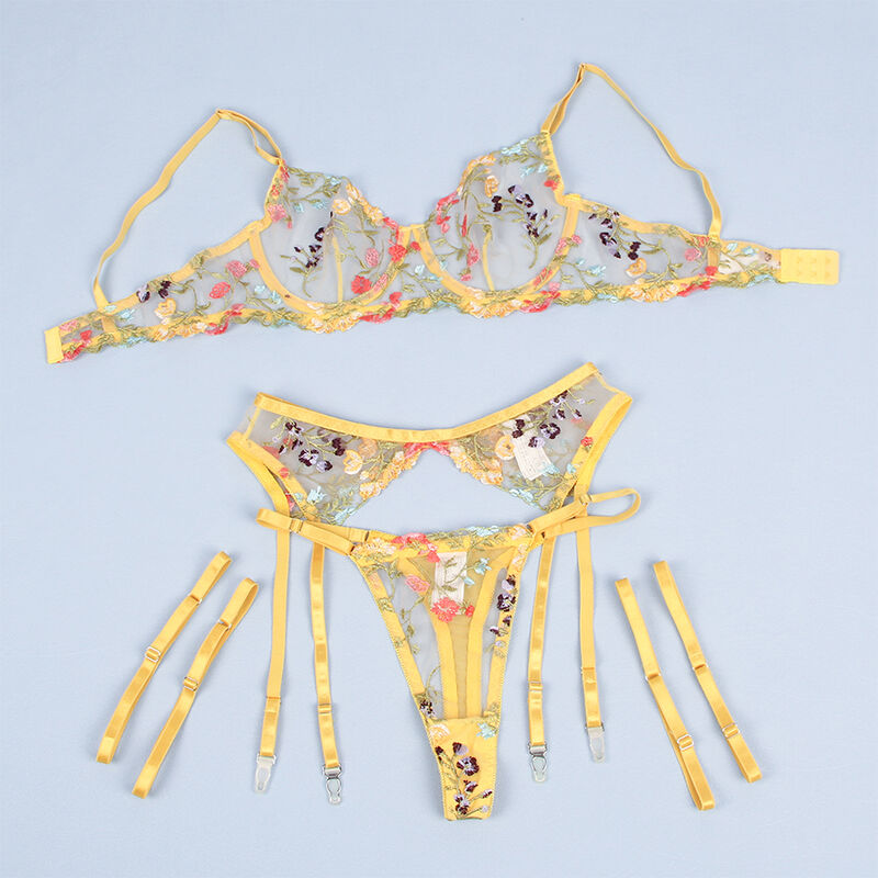 SUBBLIME - 954352 BRA + THONG + GARTER BELT FLORAL DESIGN YELLOW L/XL - Bild 5