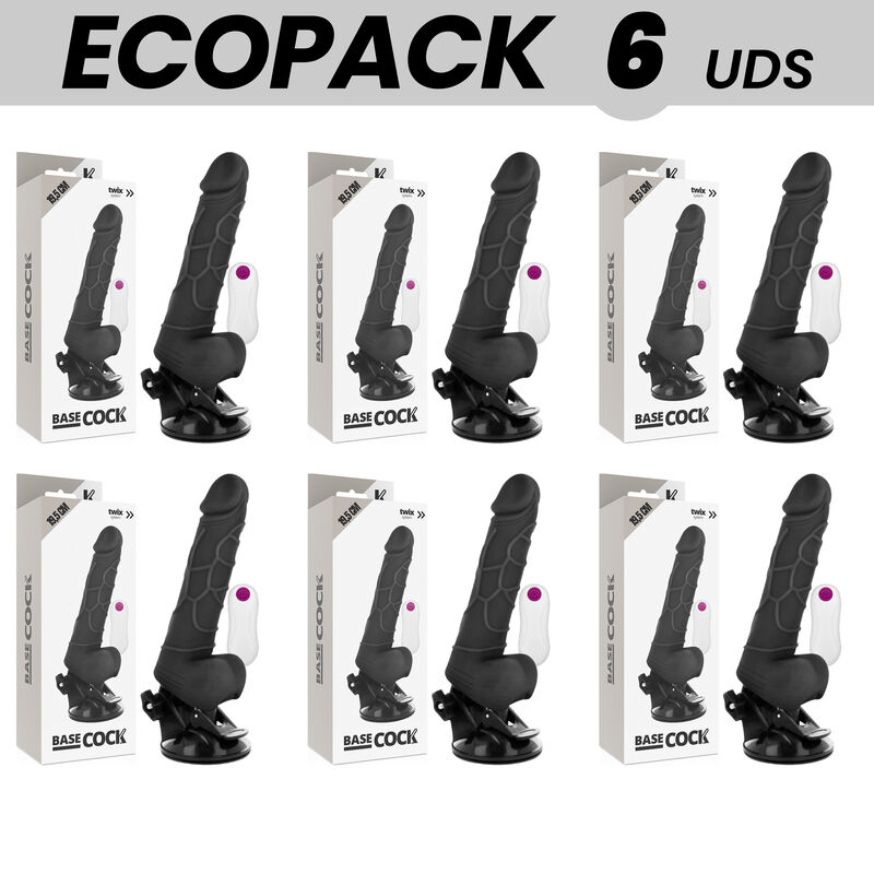 ECOPACK 6 UNITS - BASECOCK REALISTIC VIBRATOR REMOTE CONTROL BLACK WITH TESTICLES 19.5 CM -O- 4 CM