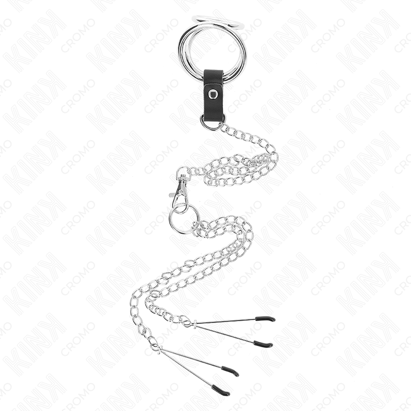 KINK - TRIPLE CHROME METAL PENIS RING 3 CM TO 4.5 CM WITH 26 CM METAL CHAIN AND NIPPLE CLIPS - Bild 3
