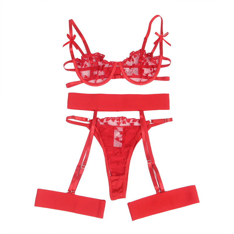 SUBBLIME - 954321 HEART PRINT BRA + THONG + GARTER BELT RED S/M - Bild 5