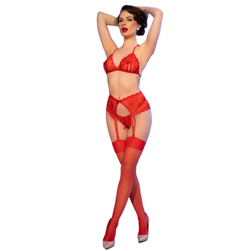 CHILIROSE - CR 4848 RED LACE BRA + THONG + STOCKINGS SET - Bild 4