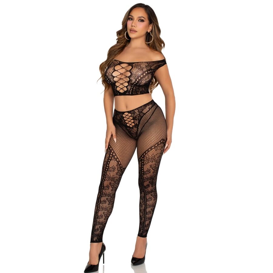 Alternative view of LEG AVENUE - CROP TOP AND FISHNET LEGGING WITH BARE SHOULDERS BLACK