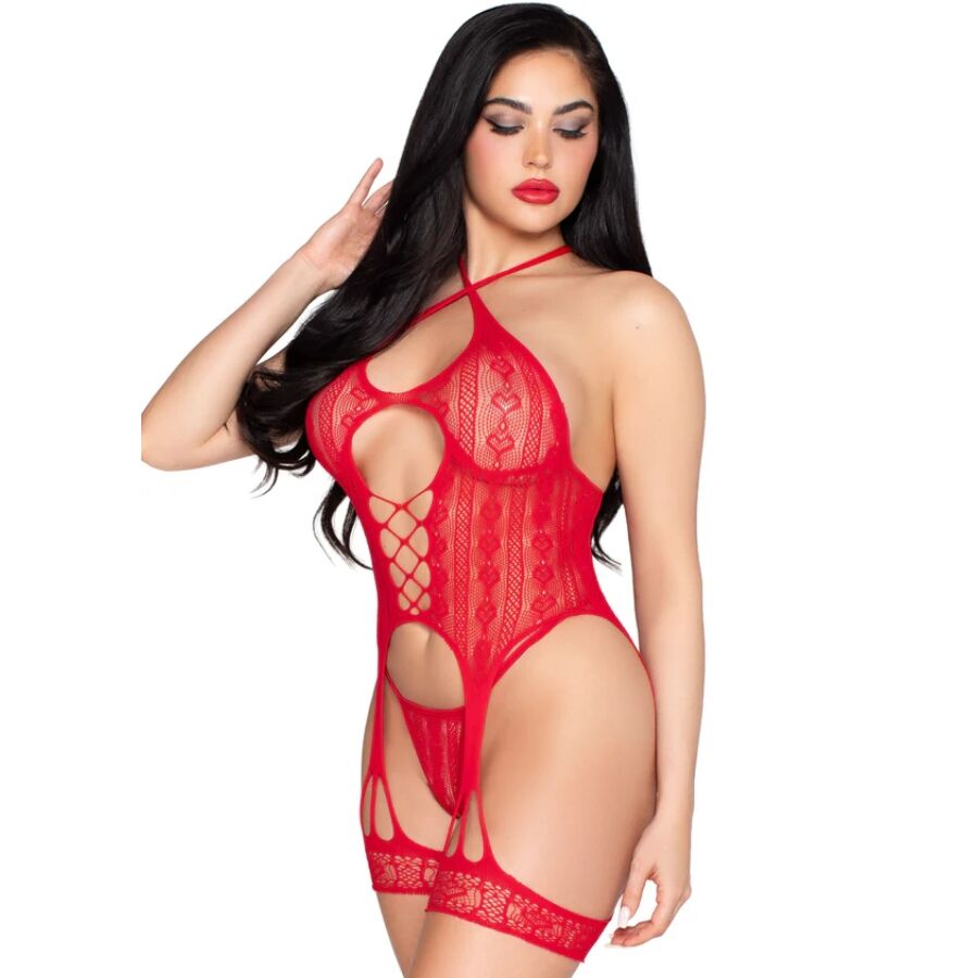 Alternative view of LEG AVENUE - 89338 LACE OPEN BODYSUIT WITH GARTER BELT + THONG RED - ONE SIZE